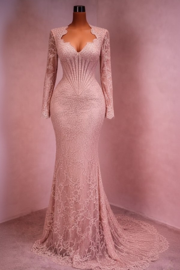 Designer Abendkleid Lang Weinrot Ballkleid Spitze Mit Ärmel