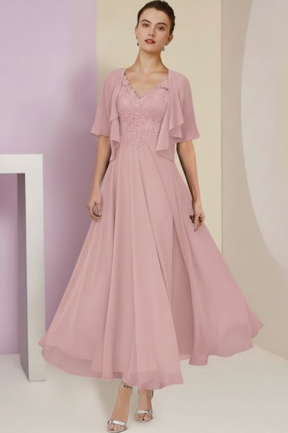 Elegant Rosa Brautmutterkleider Chiffon | Mutterkleider mit V-Ausschnitt