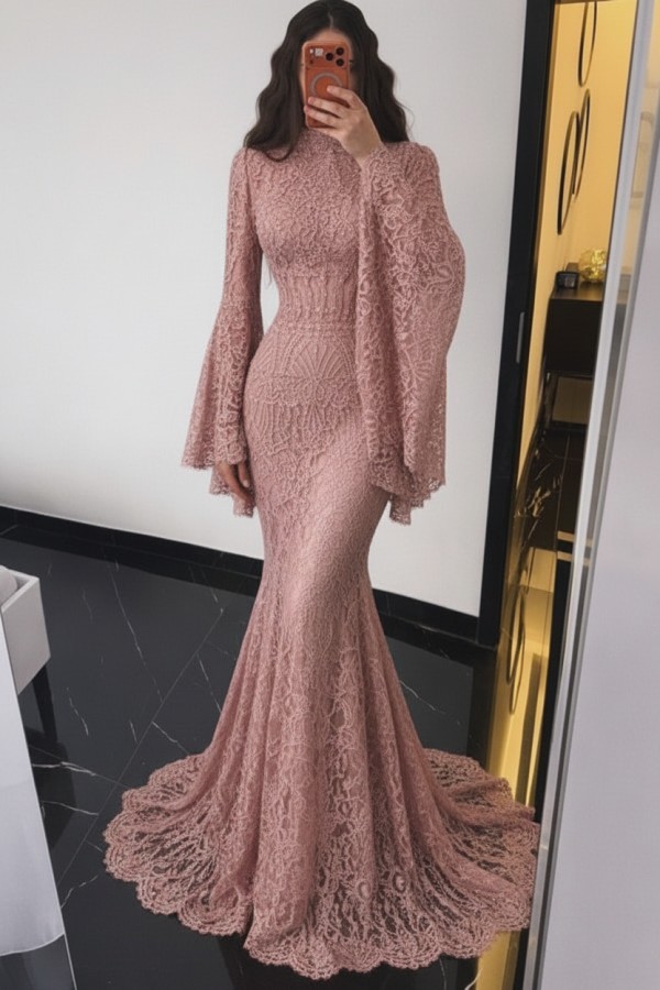 Elegante Abendkleider Lang Braun Spitze Ballkleider mit Ärmel