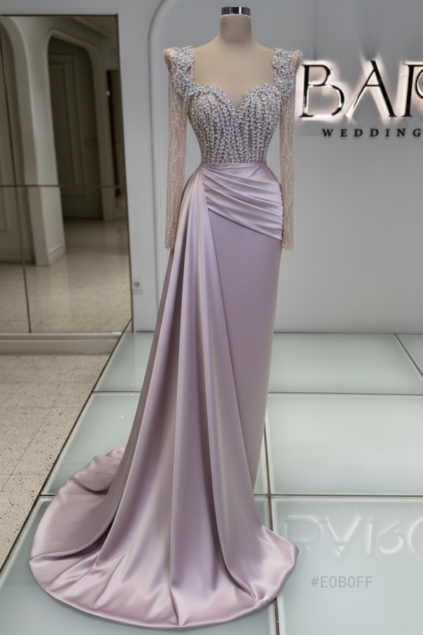 Extravagante Abendkleider Lang Purpur | Abiballkleider mit Glitzer Ärmel