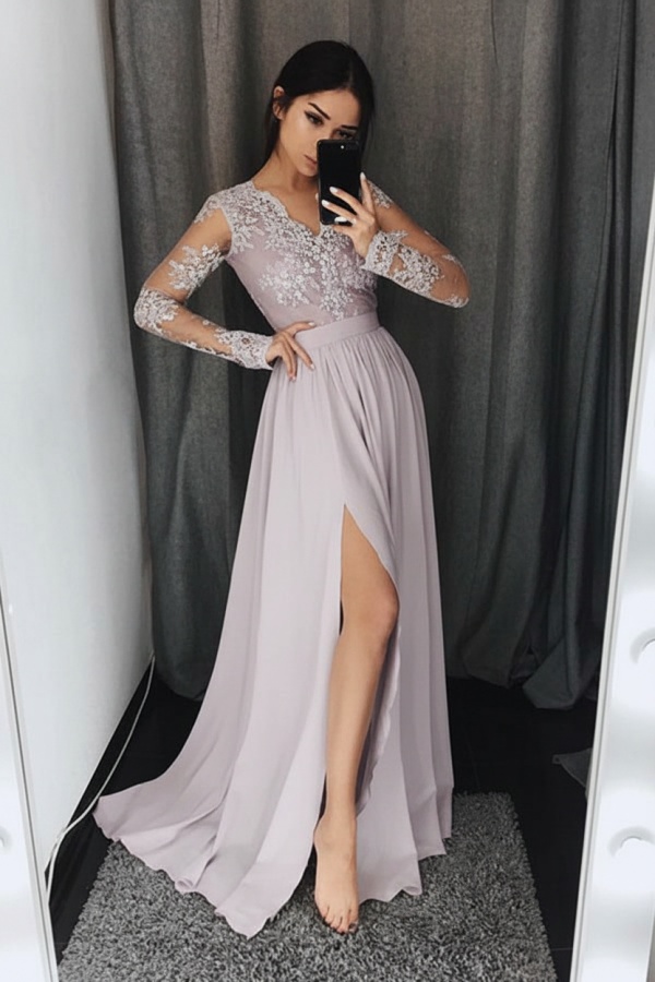 Silber Abendkleider Lang Mit Ärmel Chiffon Abendkleider Spitze Online