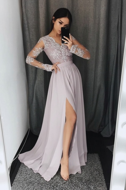 Silber Abendkleider Lang Mit Ärmel Chiffon Abendkleider Spitze Online