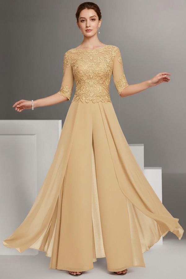 Brau Brautmutter Hosenanzug | Chiffon Brautmutterkleider mit Spitzenärmel