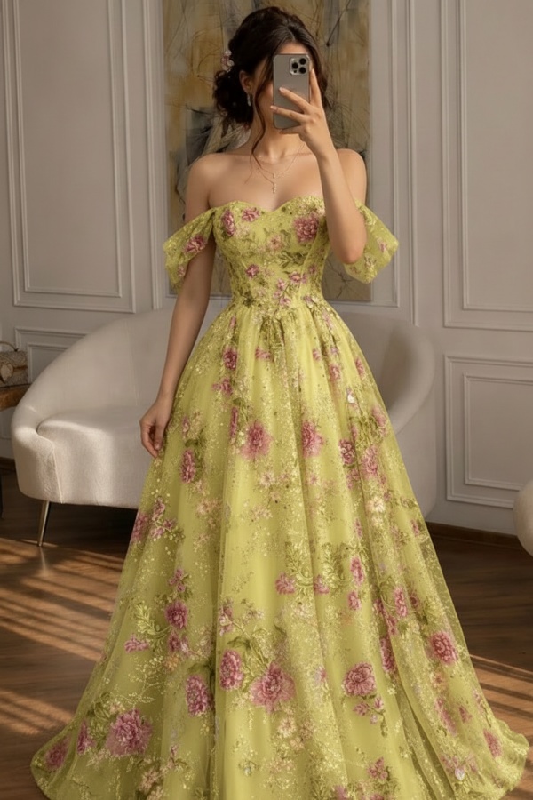 Schöne Abendkleider Lang Glitzer Ballkleider mit Blumen