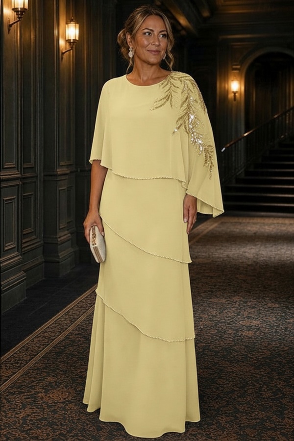 Champagner Brautmutterkleider Lang Chiffon Hochzeitsparty Kleider Glitzer