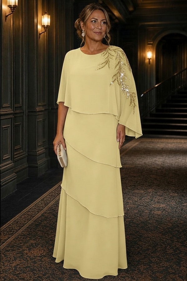 Champagner Brautmutterkleider Lang Chiffon Hochzeitsparty Kleider Glitzer