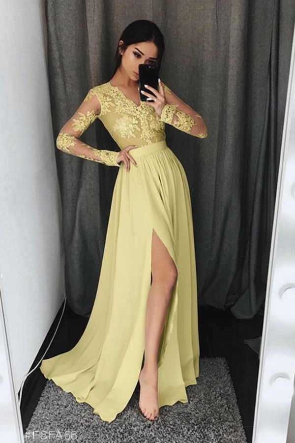 Silber Abendkleider Lang Mit Ärmel Chiffon Abendkleider Spitze Online