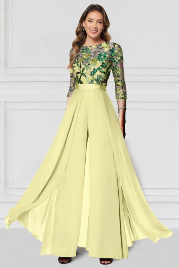 Festliche Hosenanzüge Lang Glitzer | Chiffon Schwarz Brautmutterkleider mit Ärmel