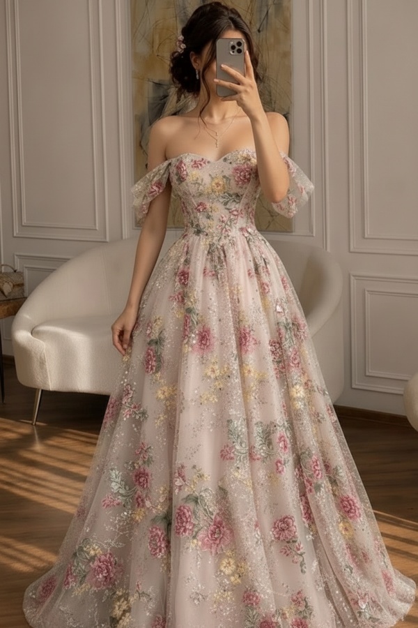 Schöne Abendkleider Lang Glitzer Ballkleider mit Blumen