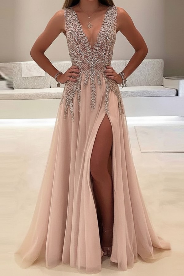 Champagne Abendkleider Lang Günstig V Ausschnitt Tüll Abendmoden Abiballkleider