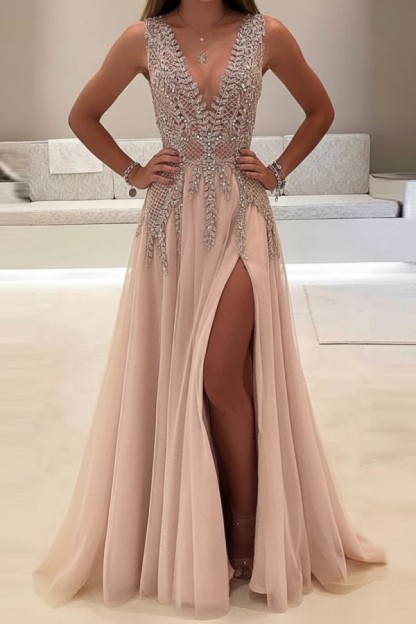 Champagne Abendkleider Lang Günstig V Ausschnitt Tüll Abendmoden Abiballkleider