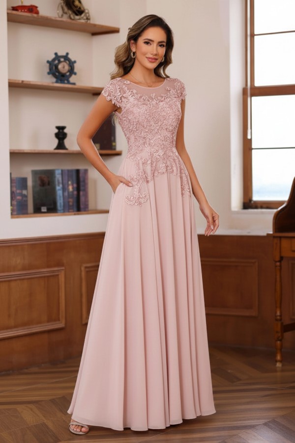 Dusty Blaue Brautmutterkleider Lang Chiffon Partykleid mit Spitze