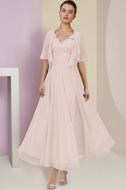 Elegant Rosa Brautmutterkleider Chiffon | Mutterkleider mit V-Ausschnitt