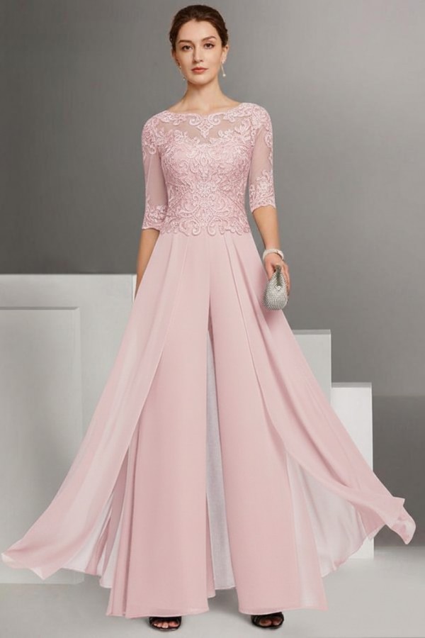 Brau Brautmutter Hosenanzug | Chiffon Brautmutterkleider mit Spitzenärmel