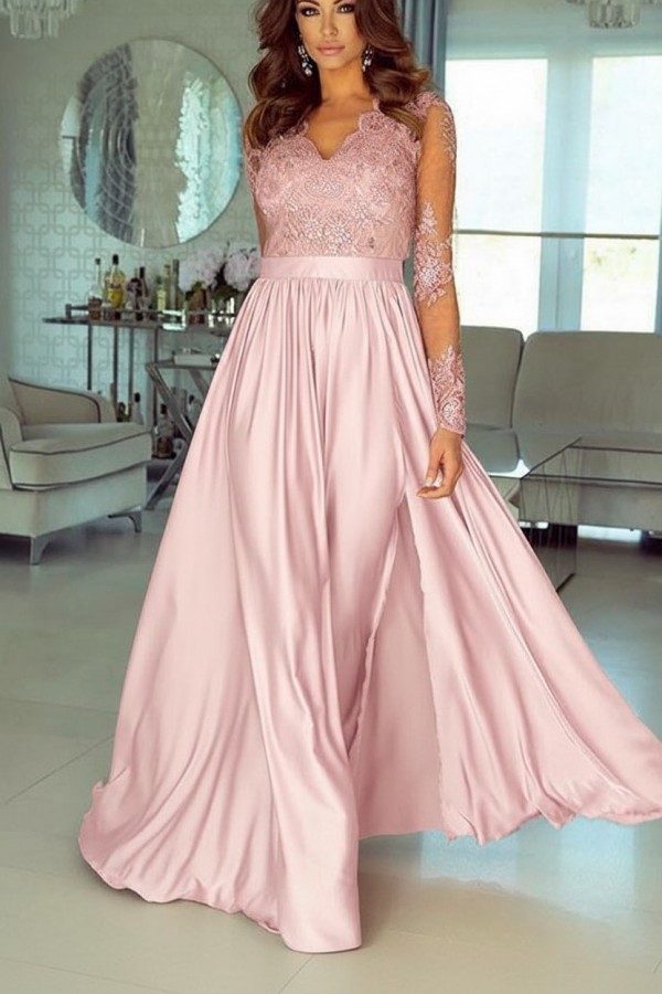 Champagne Abendkleider Lang Mit Ärmel Spitze Abendmoden Günstig