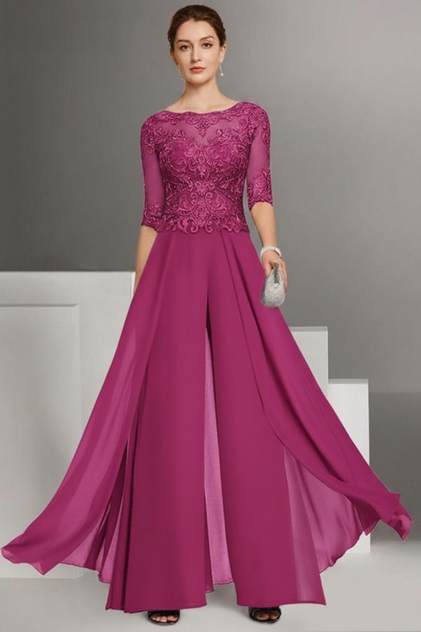 Brau Brautmutter Hosenanzug | Chiffon Brautmutterkleider mit Spitzenärmel