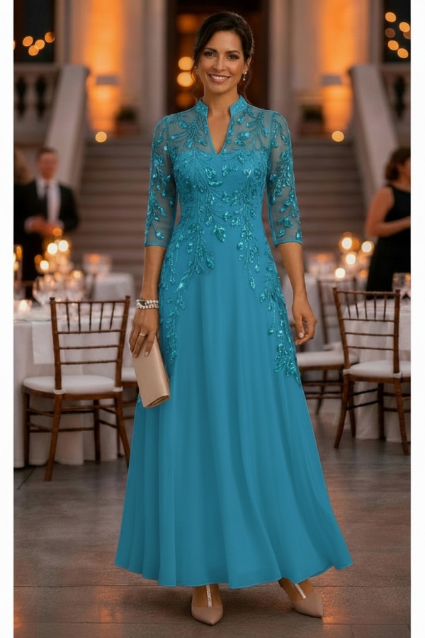 Festliche Kleider Hochzeitsparty Lang Brautmutterkleider Glitzer mit Ärmel