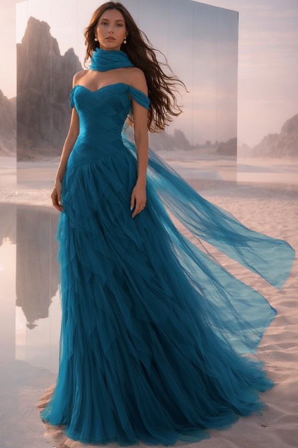  Tintenblau Abendkleider Lang Tüll Ballkleider Abiballkleider Online