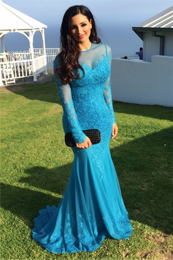 Schwarz Abendkleider Lang Ärmel Spitze Meerjungfrau Abendmoden Partykleider