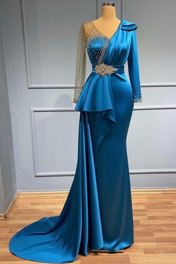 Olive Grün Abendkleider Lang Glitzer | Abiballkleider mit Ärmel