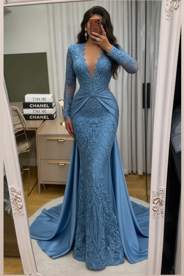 Wunderschöne Abendkleider Lang Spitze Abiballkleider mit Ärmel