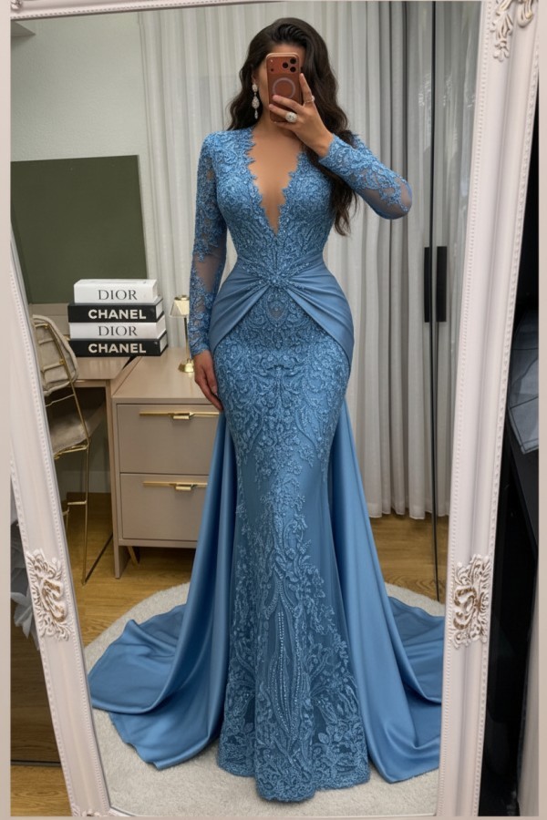 Wunderschöne Abendkleider Lang Spitze Abiballkleider mit Ärmel