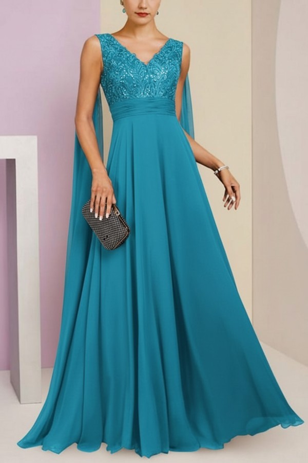 Brautmutterkleid Lang Blau Kleider für Brautmutter mit Ärmel