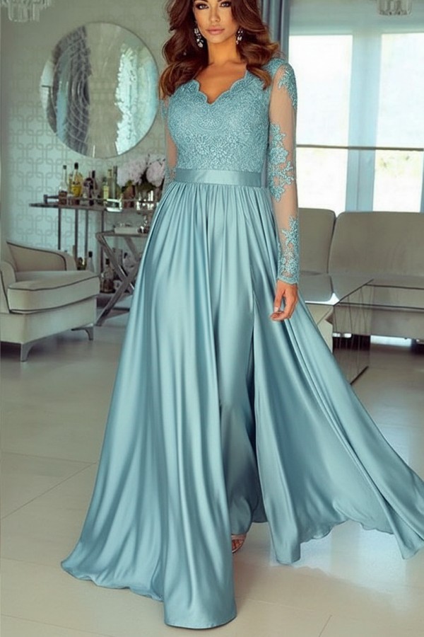 Champagne Abendkleider Lang Mit Ärmel Spitze Abendmoden Günstig