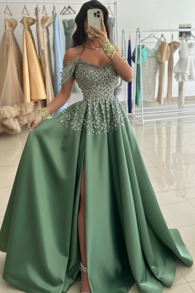 Günstige Abendkleider Lang Grün Ballkleider Abiballkleider mit Glitzer