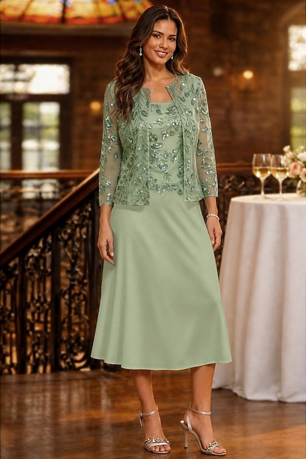 Salbeigrün Brautmutterkleider Kurz Glitzer Hochzeitspartykleider mit Spitze Jacke