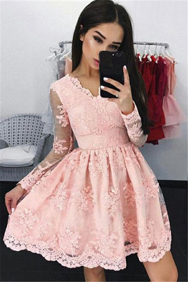 Elegante Cocktailkleider Spitze Rosa A linie Kurze Abendkleider Mit Ärmel-babyonlinedressde