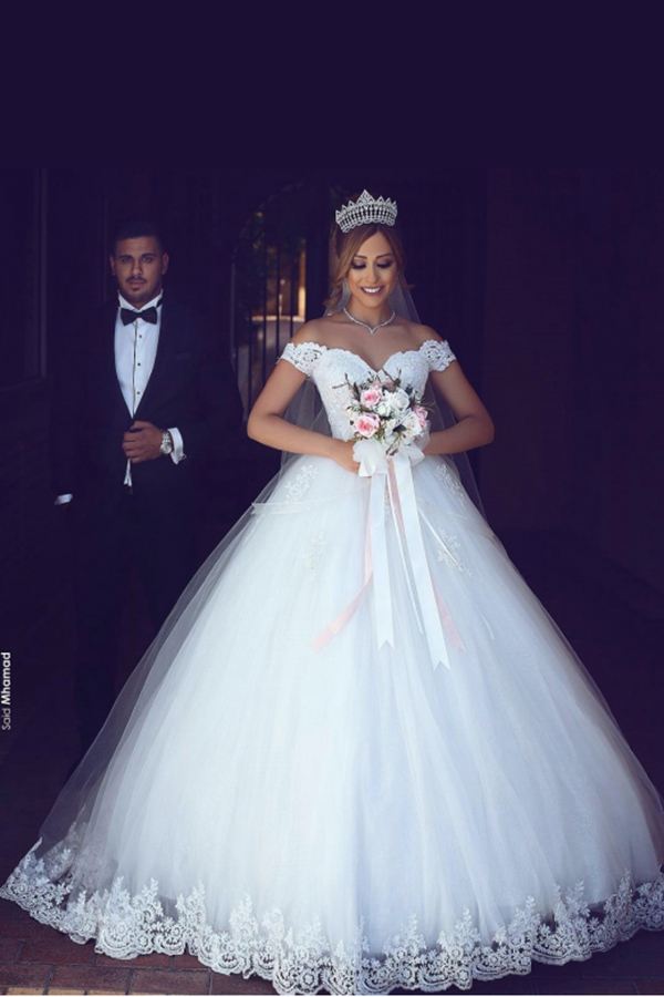 Romantisch Weiß Brautkleider Mit Spitze Schulterfrei Prinzessin Tüll Brautmoden Hochzeitskleider