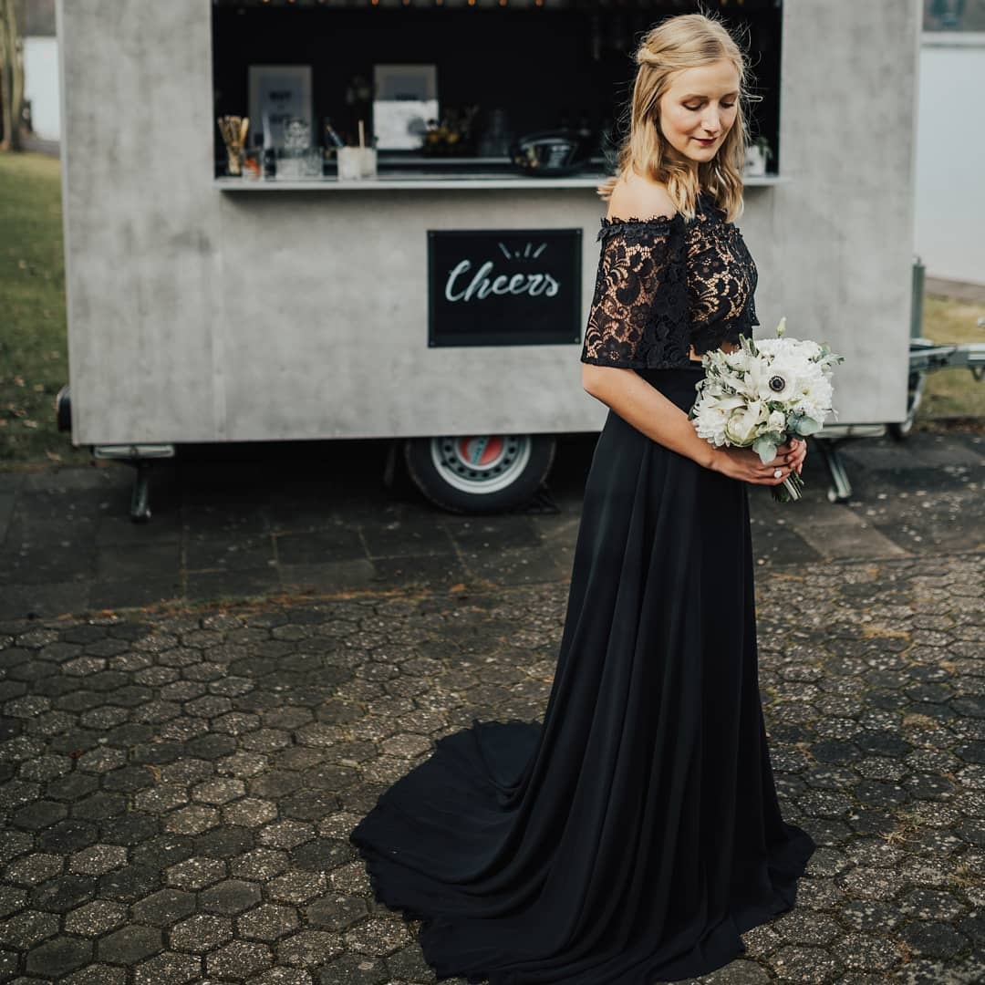 2 Teilige Brautkleid Schwarz | Hochzeitskleid Mit Spitzelärmel