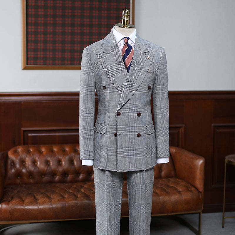 Alvis Gray Plaid Peaked Lapel Double Breasted Bespoke Men Suit For Business-babyonlinedressde