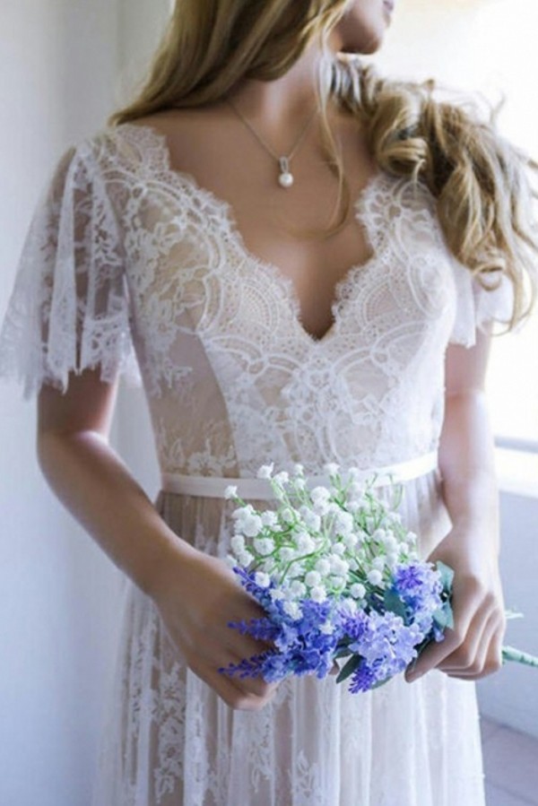 Designer Brautkleid Spitze Schlicht Mit Kurze Ärmel Hochzeitskleider Online