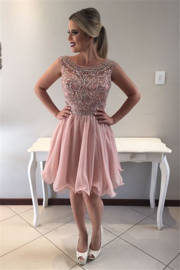 Rosa Cocktailkleider Knielang Chiffon Perlen Cocktailkleid Kurze Online Kaufen-babyonlinedressde