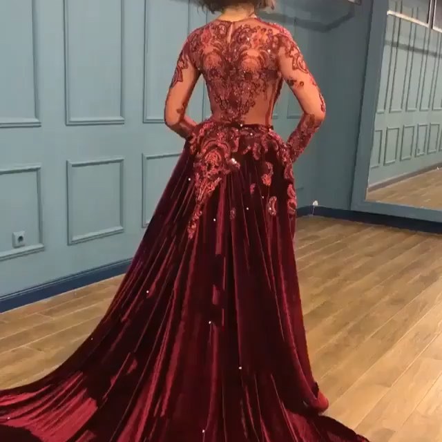 Burgundy Abendkleider mit Ärmel | Velvet Abendkleid Günstig Online