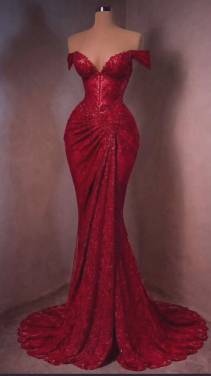 Sexy Abendkleid Lang Rot Spitze Ballkleider Meerjungfrau