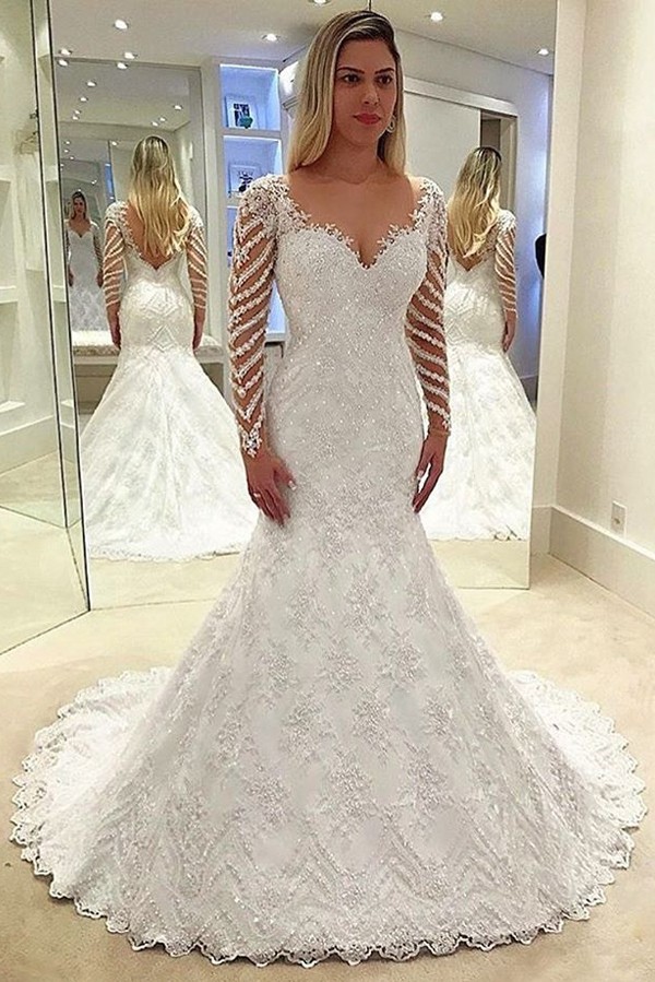 Elegante Weiße Brautkleider Spitze Günstig Hochzeitskleider Mit Ärmel