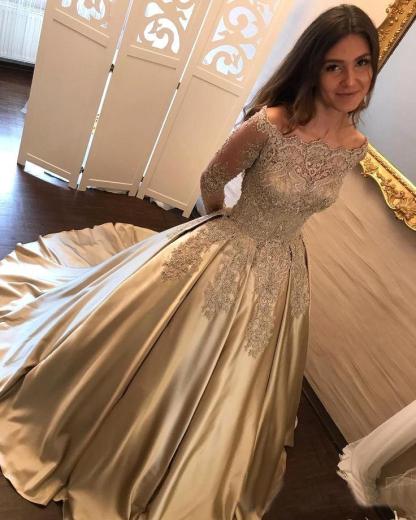 Designer Golden Brautkleider Mit Ärmel Lang Prinzessin Hochzeitskleider Günstig Online