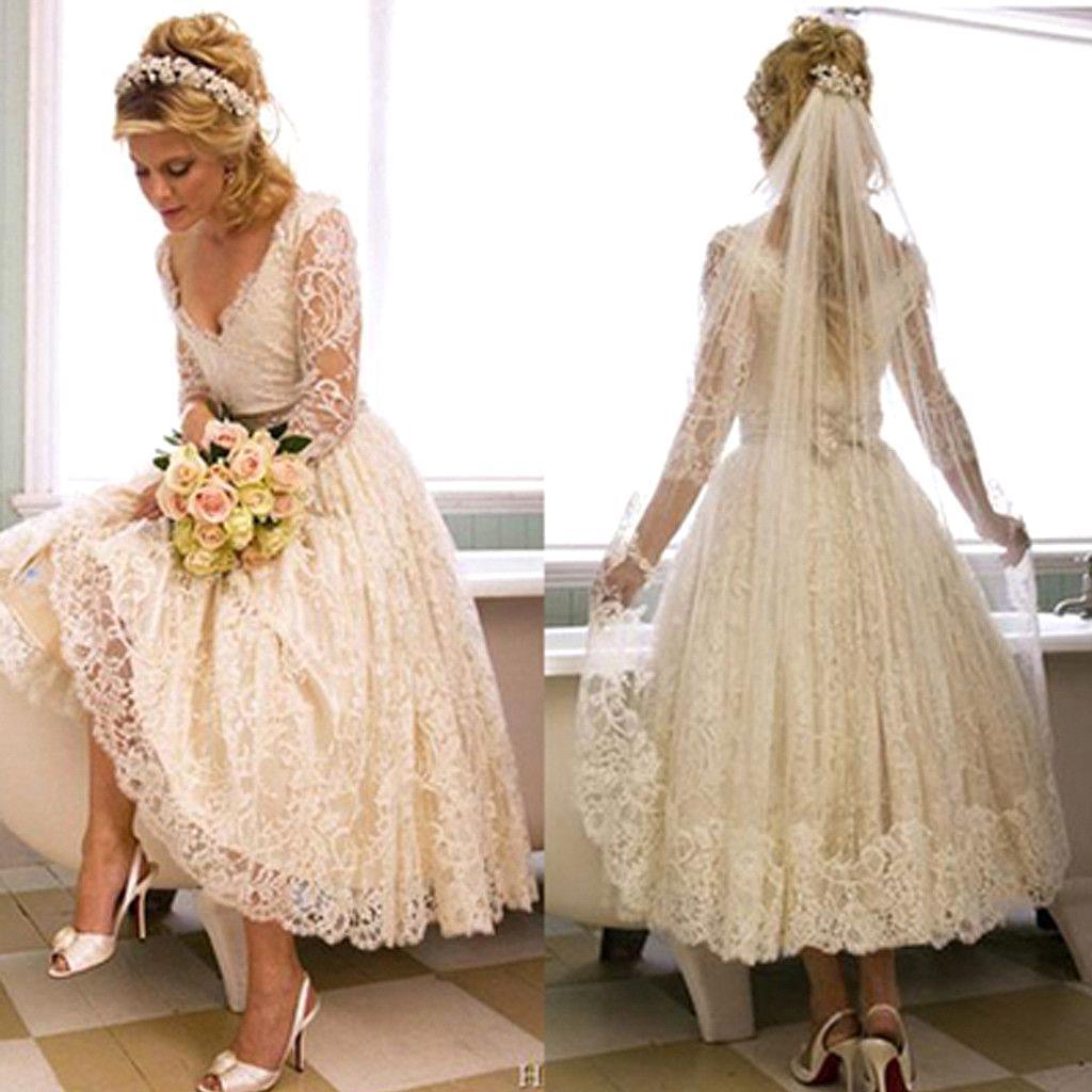 Elegant Brautkleider Kurz Lang Ärmel Spitze A linie Brautmoden Hochzeitskleider