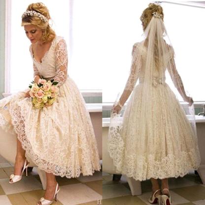 Elegant Brautkleider Kurz Lang Ärmel Spitze A linie Brautmoden Hochzeitskleider