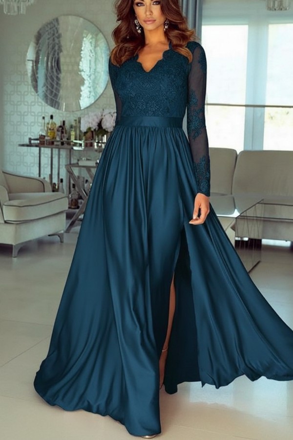 Champagne Abendkleider Lang Mit Ärmel Spitze Abendmoden Günstig