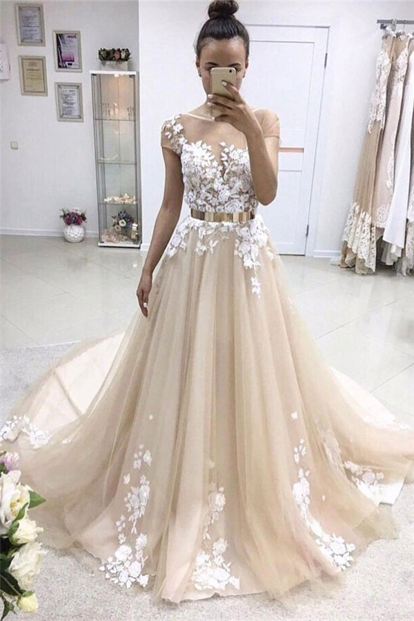 Champagne Brautkleid A Linie Mit Spitze | Hochzeitskleider Günstig Online