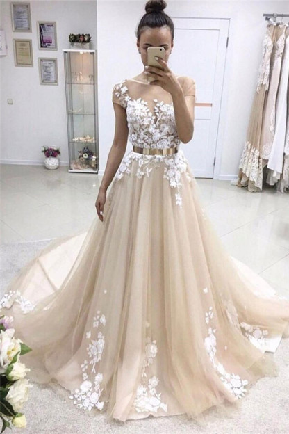 Champagne Brautkleid A Linie Mit Spitze | Hochzeitskleider Günstig Online