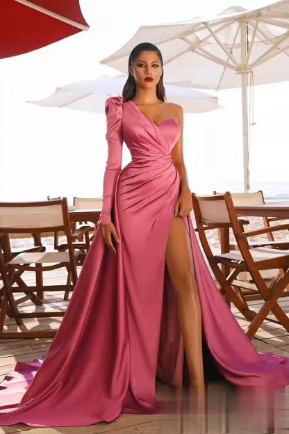 Abiballkleider mit Ärmel | Abendkleid Lang Rosa