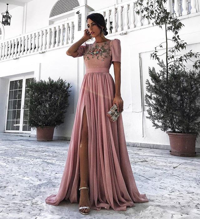 Altrosa Abendkleider Lang Günstig Mit Kurze Ärmel Perlen Chiffon Abendkleid Abiballkleider