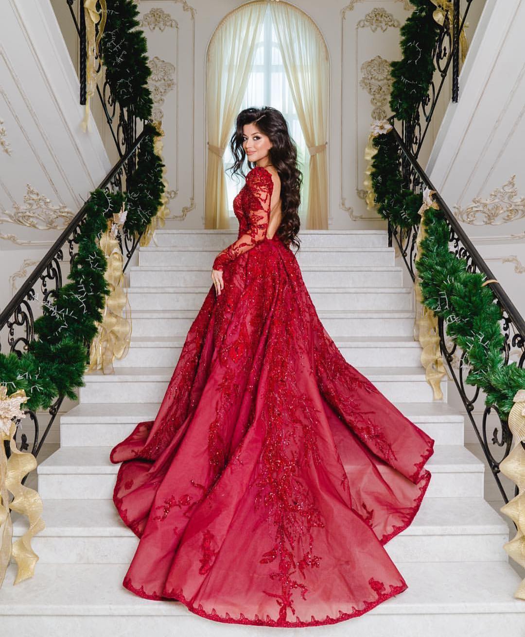 Luxus Abendkleider Mit Ärmel | Spitze Abiballkleider Lang Rot-babyonlinedressde