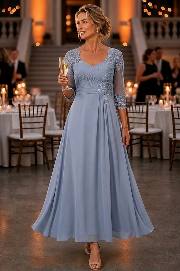 Dusty Blaue Brautmutterkleider Ankel Lang Chiffon Partykleid mit Spitze