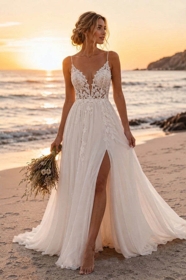 Boho Brautkleider A Linie Schlicht Tüll Hochzeitskleider mit Spitze